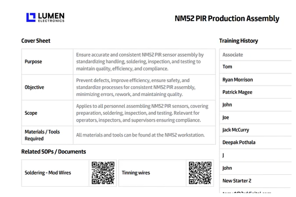 Live Training History & Cover Sheets for SOPs